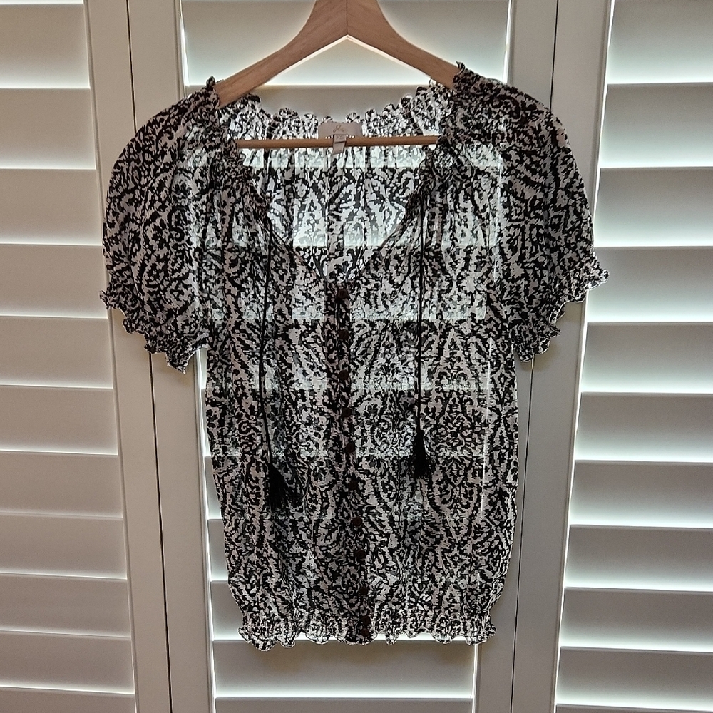 Joie White and Brown Ruffled Puff Sleeve Blouse
